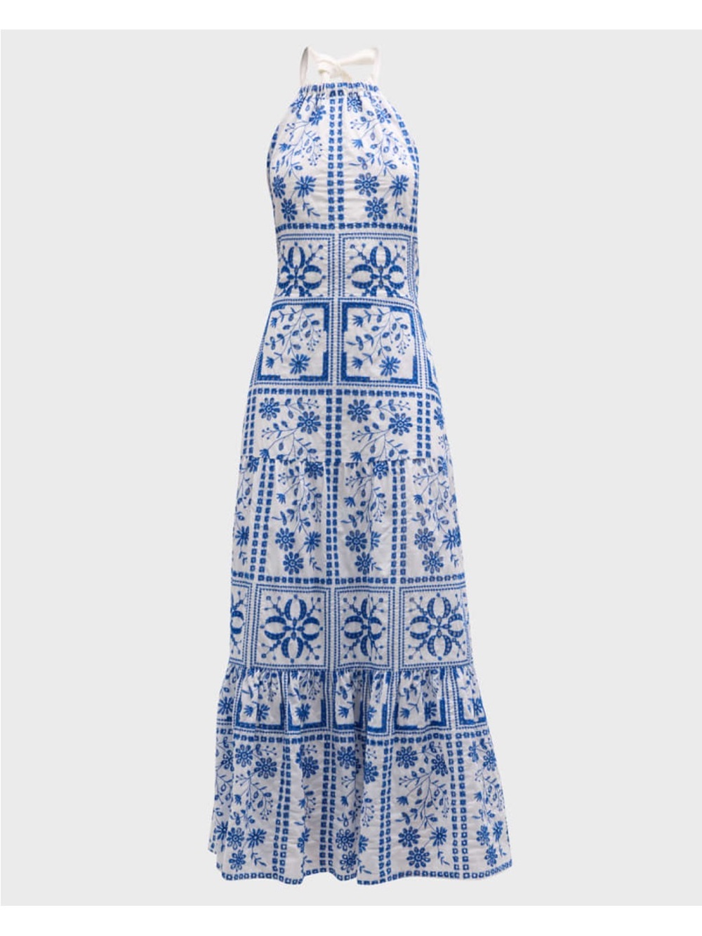 Milly White and Blue Halter Maxi Dress with Floral Tile Print - Picture 4 of 9